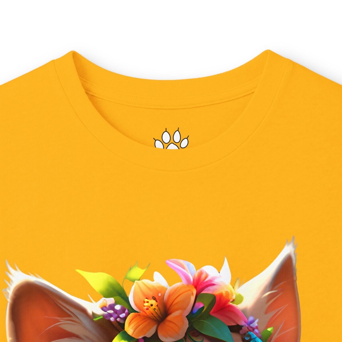 18281249294642323276_2048-1.jpeg Yellow t-shirt with a paw print on the collar and a floral animal ears design at the bottom.