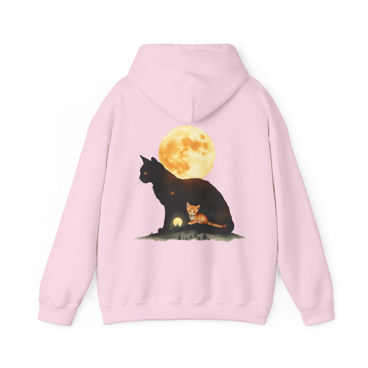 18329090241908086178_2048.jpeg Pink hoodie featuring a black cat silhouette enclosing an orange kitten and a mystical landscape under a golden moon.