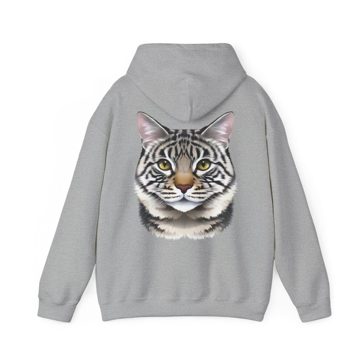 1858043005224769770_2048.jpeg Grey hoodie with a striped cat's face and yellow eyes on the back.