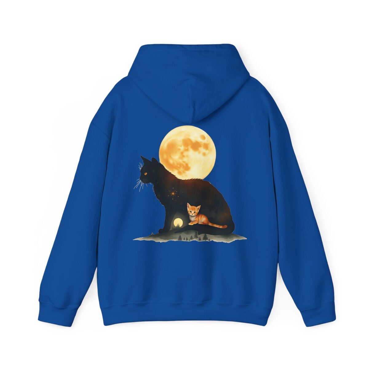 1993340831784855905_2048.jpeg Blue hoodie featuring a black cat with a starry sky inside, an orange kitten, and a full moon.