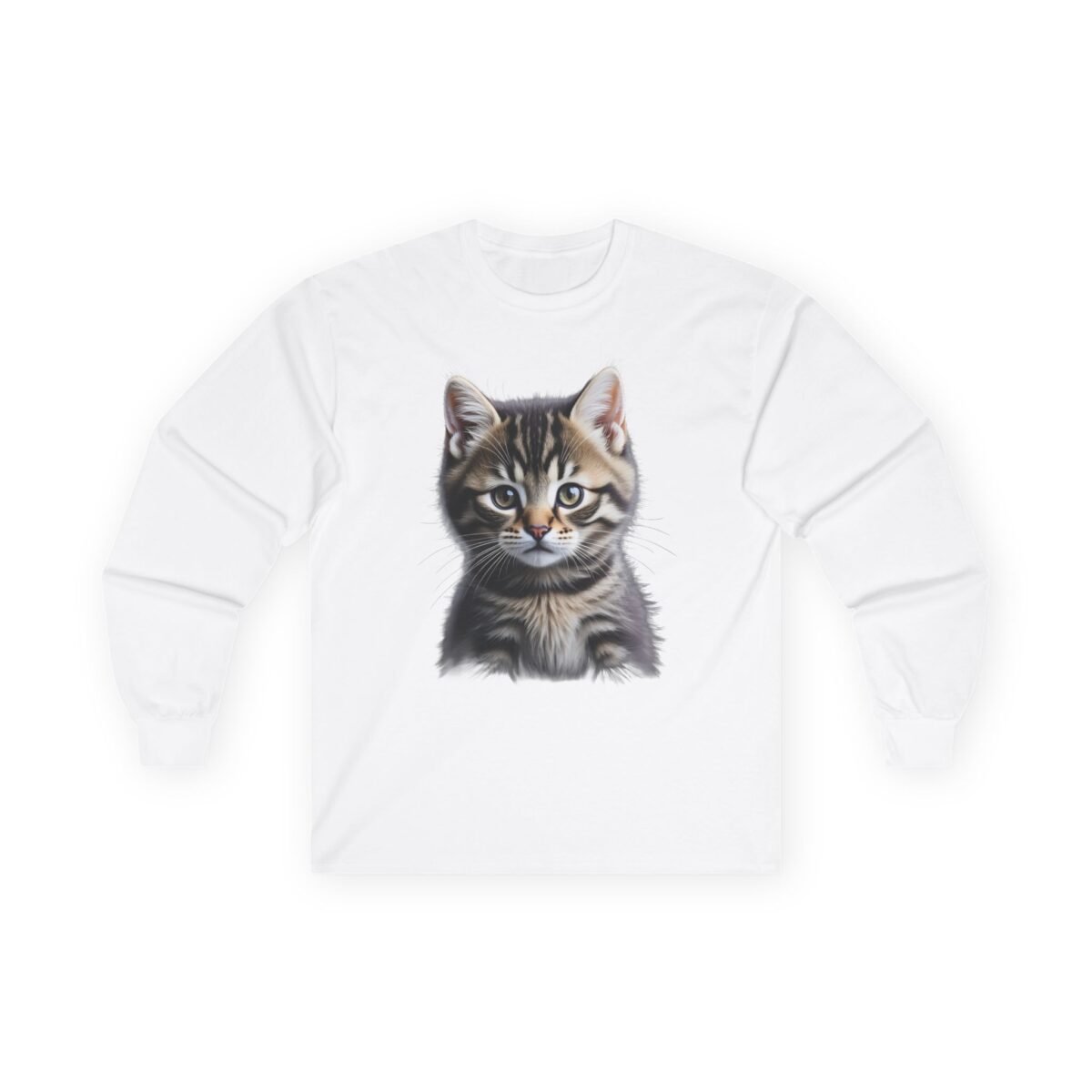 201163418613817843_2048-1.jpeg White long-sleeve t-shirt with a tabby kitten graphic.