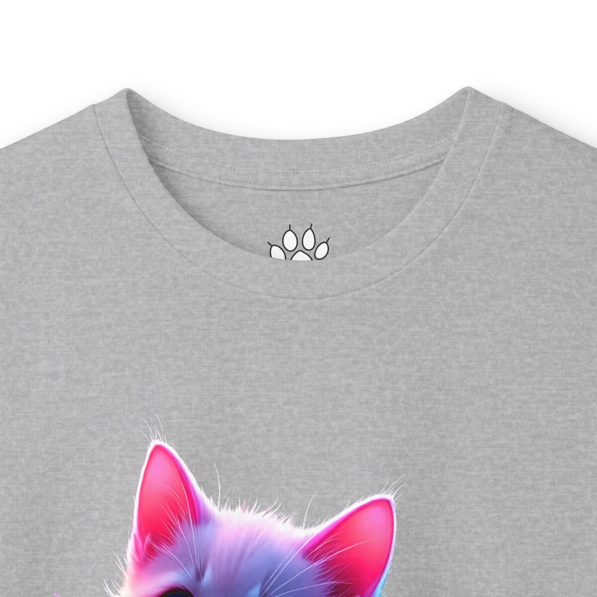2174796070000007275_2048.jpeg Grey t-shirt with a vibrant pink and purple cat and a paw print logo on the inner collar.