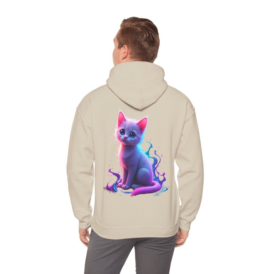 2176154371243467490_2048.jpeg Person wearing a hoodie with a colorful kitten design on the back.