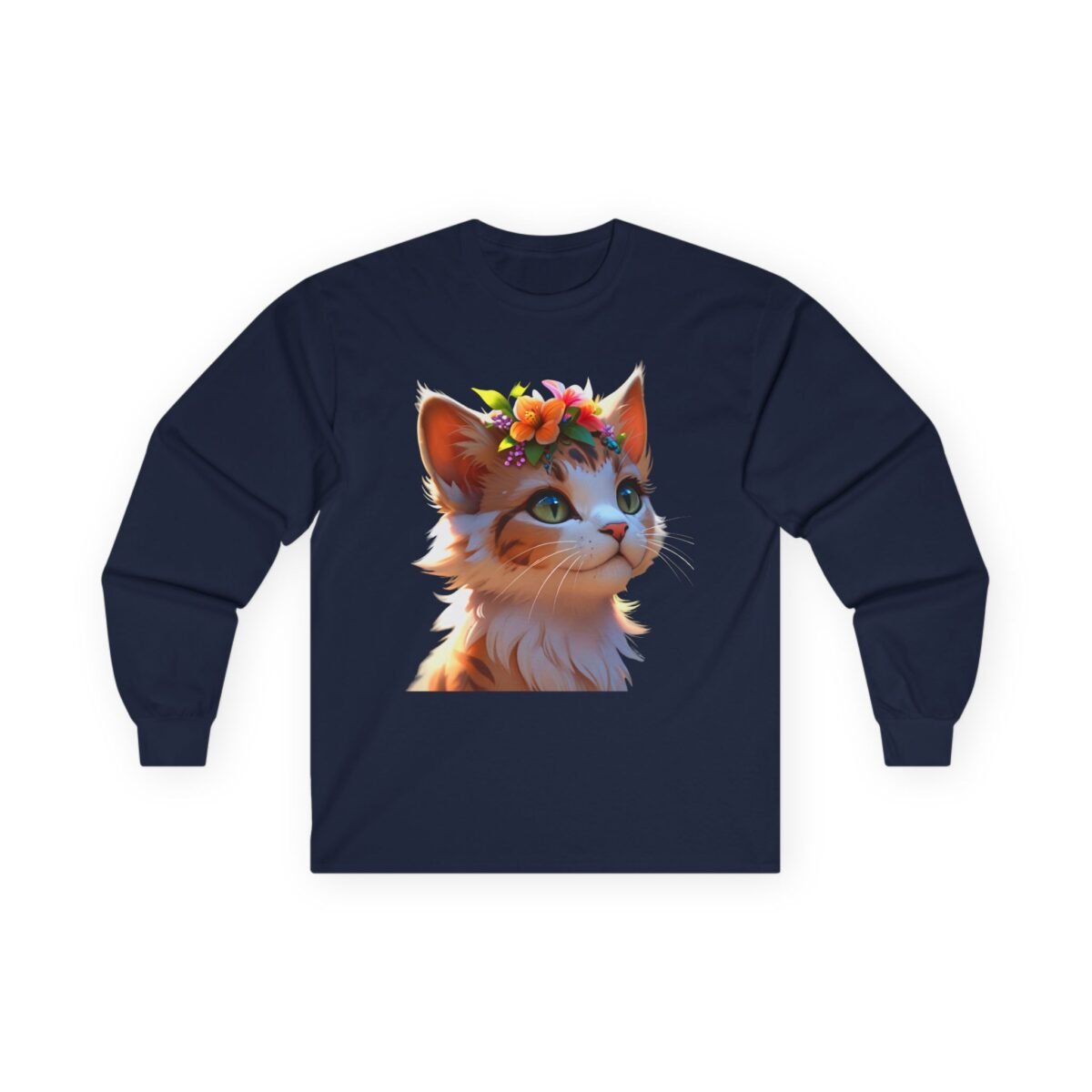 2366024337472141758_2048-1.jpeg Dark blue long-sleeve shirt with a graphic of a cute cat wearing a flower crown.