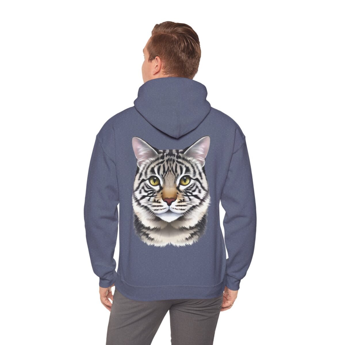 2550687910349676735_2048.jpeg Person from behind in a blue hoodie featuring a prominent tabby cat face with yellow eyes.