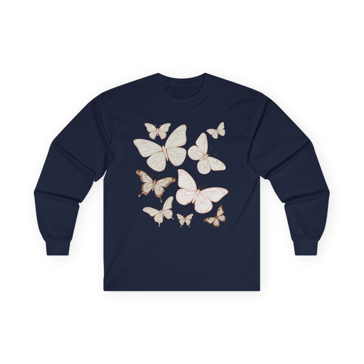 2613493764183248134_2048.jpeg Navy blue long-sleeve shirt with a scattered print of white and outlined butterflies.