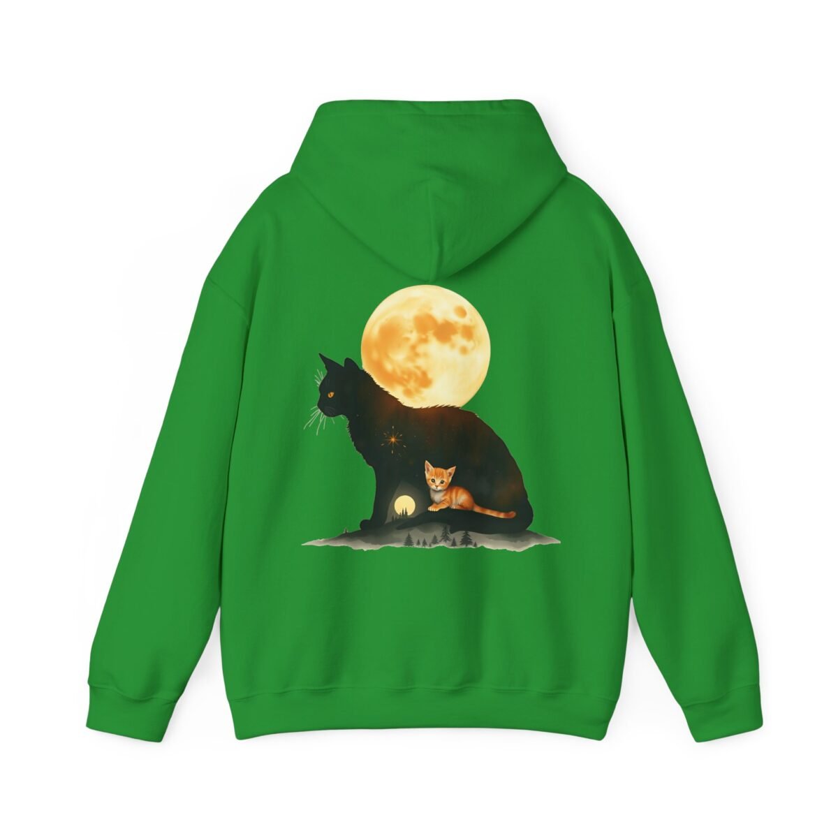 2674835266072352488_2048.jpeg Green hoodie with a black cat graphic containing an orange kitten and night scene, under a full moon.
