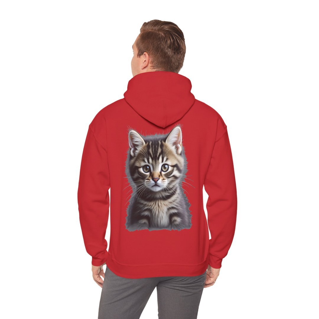 2725510747561182620_2048.jpeg Person wearing a red hoodie with a kitten graphic on the back.