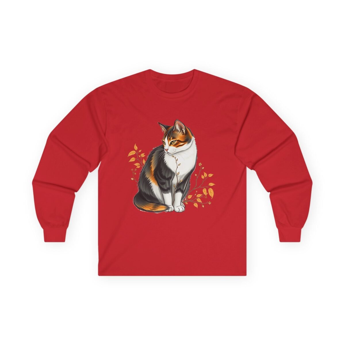 2753726149028884627_2048.jpeg Red long-sleeved shirt with a calico cat and autumn leaves design.