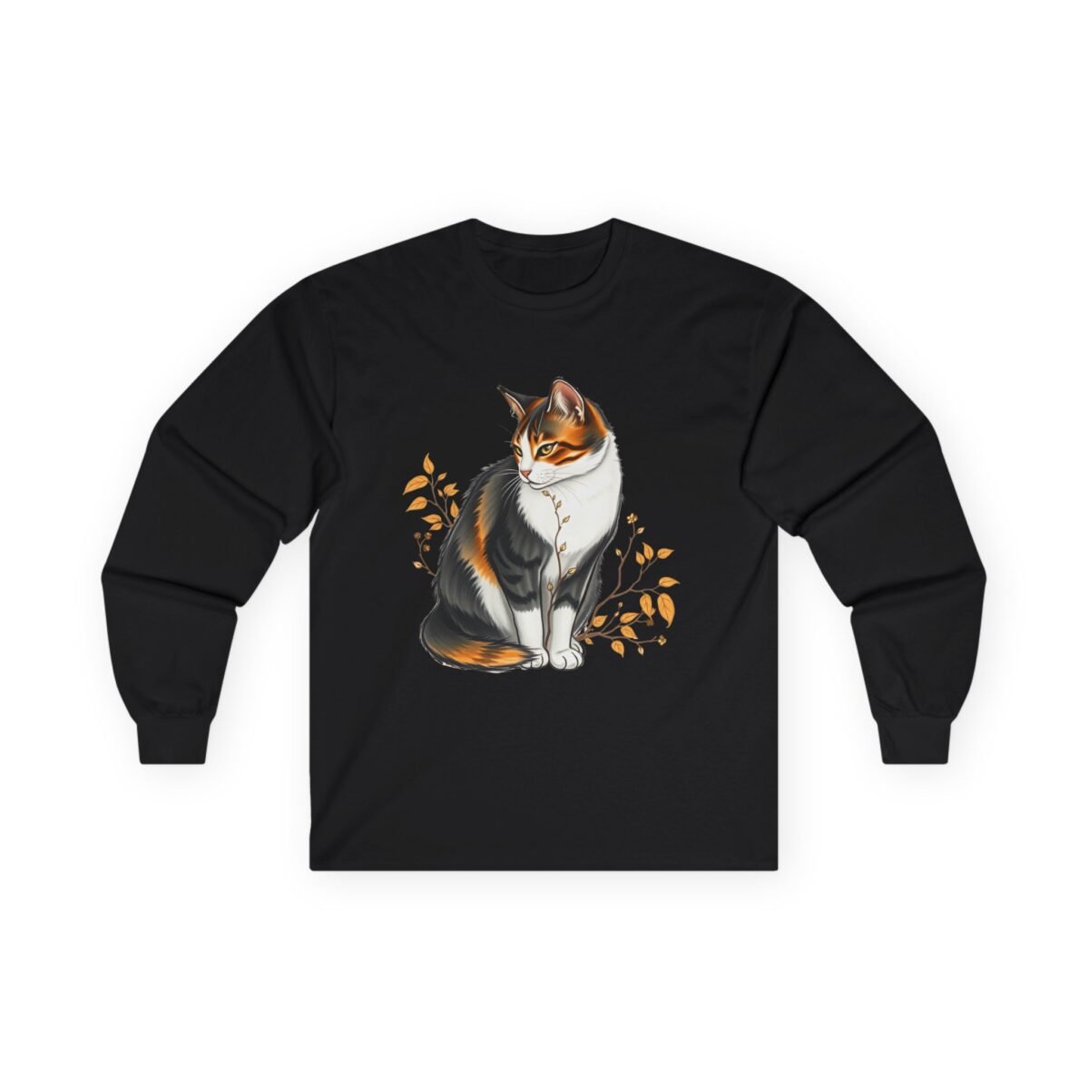 276849333020011822_2048.jpeg Black long-sleeve shirt with a calico cat among golden leaves.