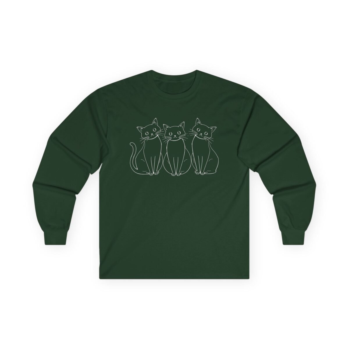 2772514833030393959_2048.jpeg Dark green long-sleeve shirt with a white line art drawing of three sitting cats.