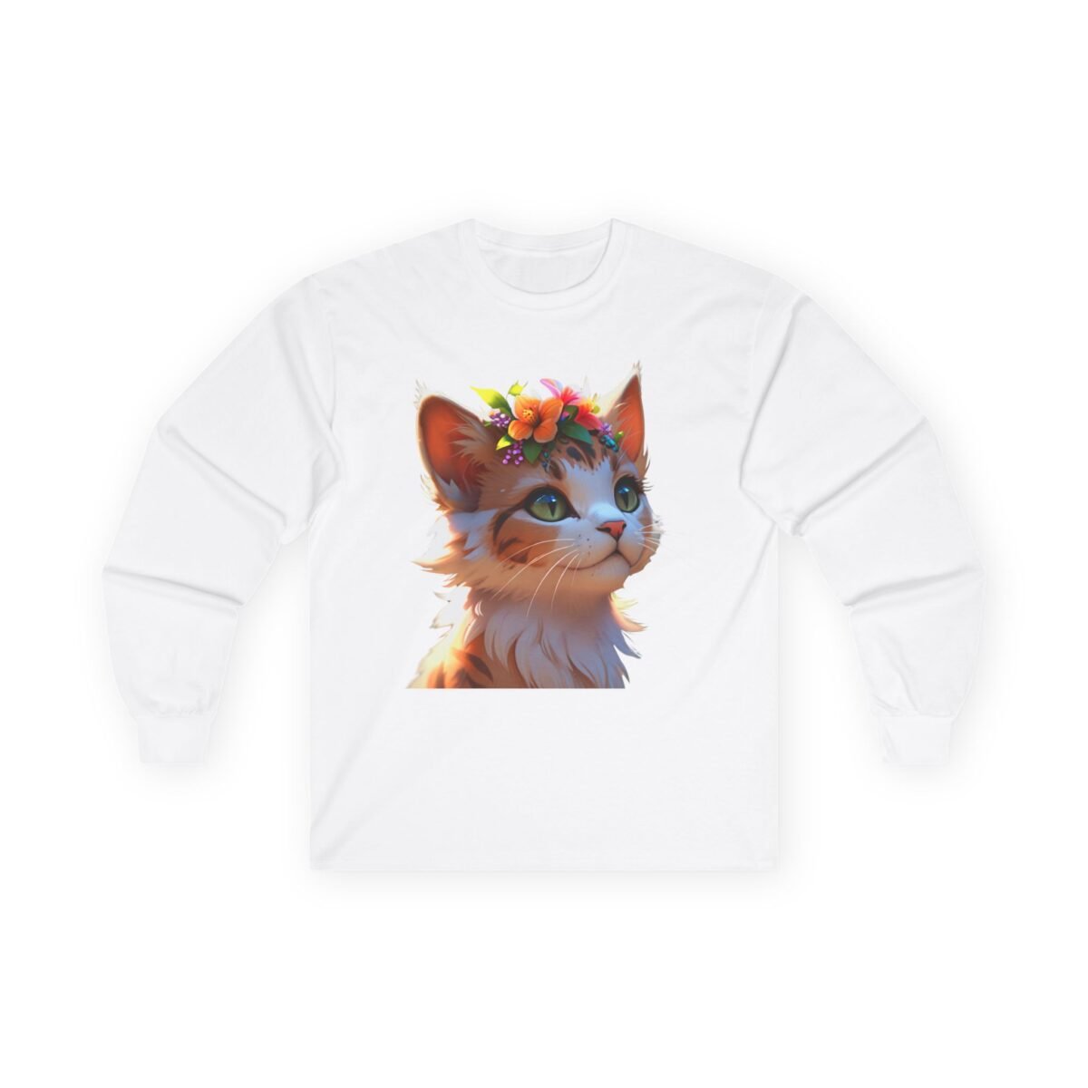 2793352104143432686_2048-1.jpeg White long-sleeve t-shirt with a cartoon cat wearing a flower crown.