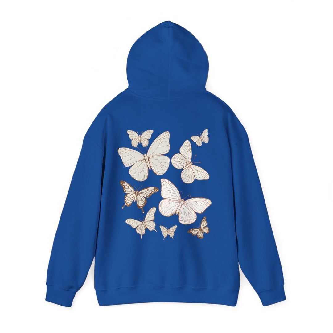 303322830758000651_2048.jpeg Blue hoodie with a design of white and brown butterflies on the back.