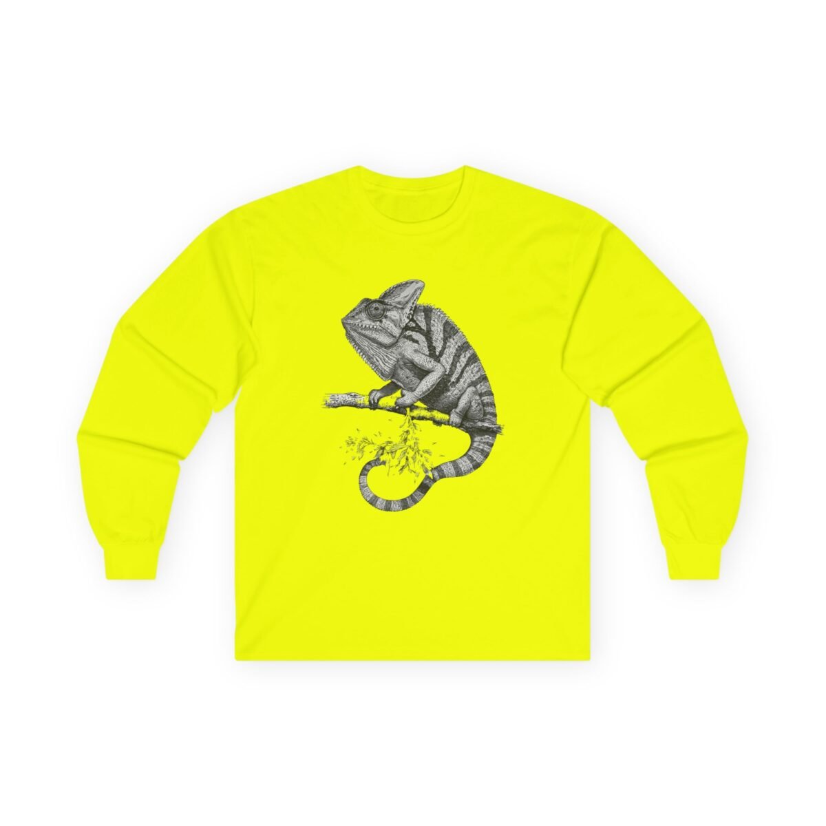 3103529083158014584_2048.jpeg Bright yellow long-sleeve t-shirt with a black and white chameleon illustration.