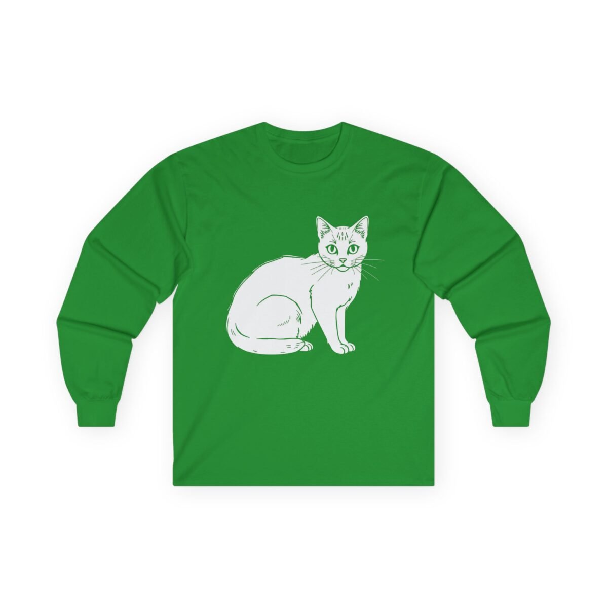 3113476218493475718_2048.jpeg Green long-sleeved shirt with a white line art cat drawing.
