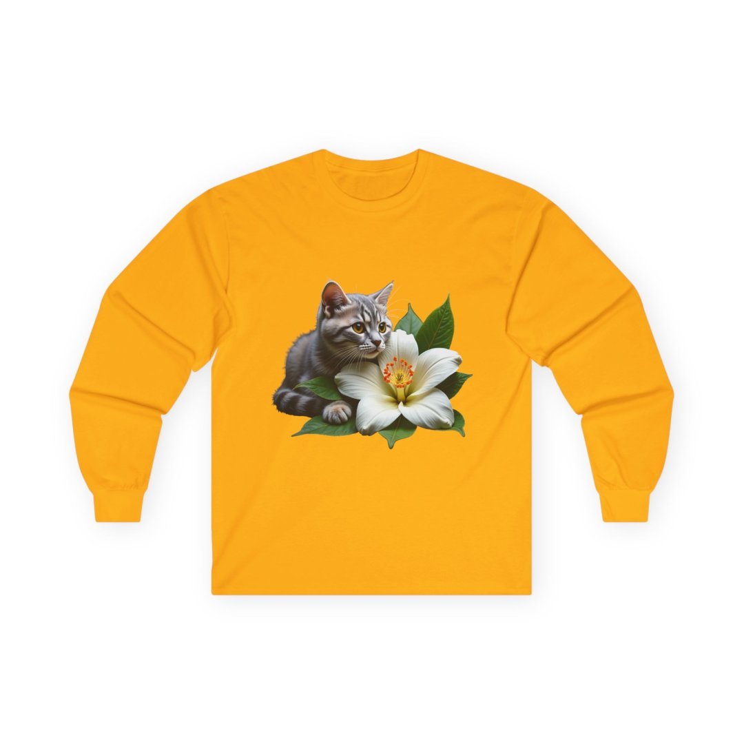 3472049939600220348_2048.jpeg Gray cat with a white lily on a yellow long-sleeve shirt.