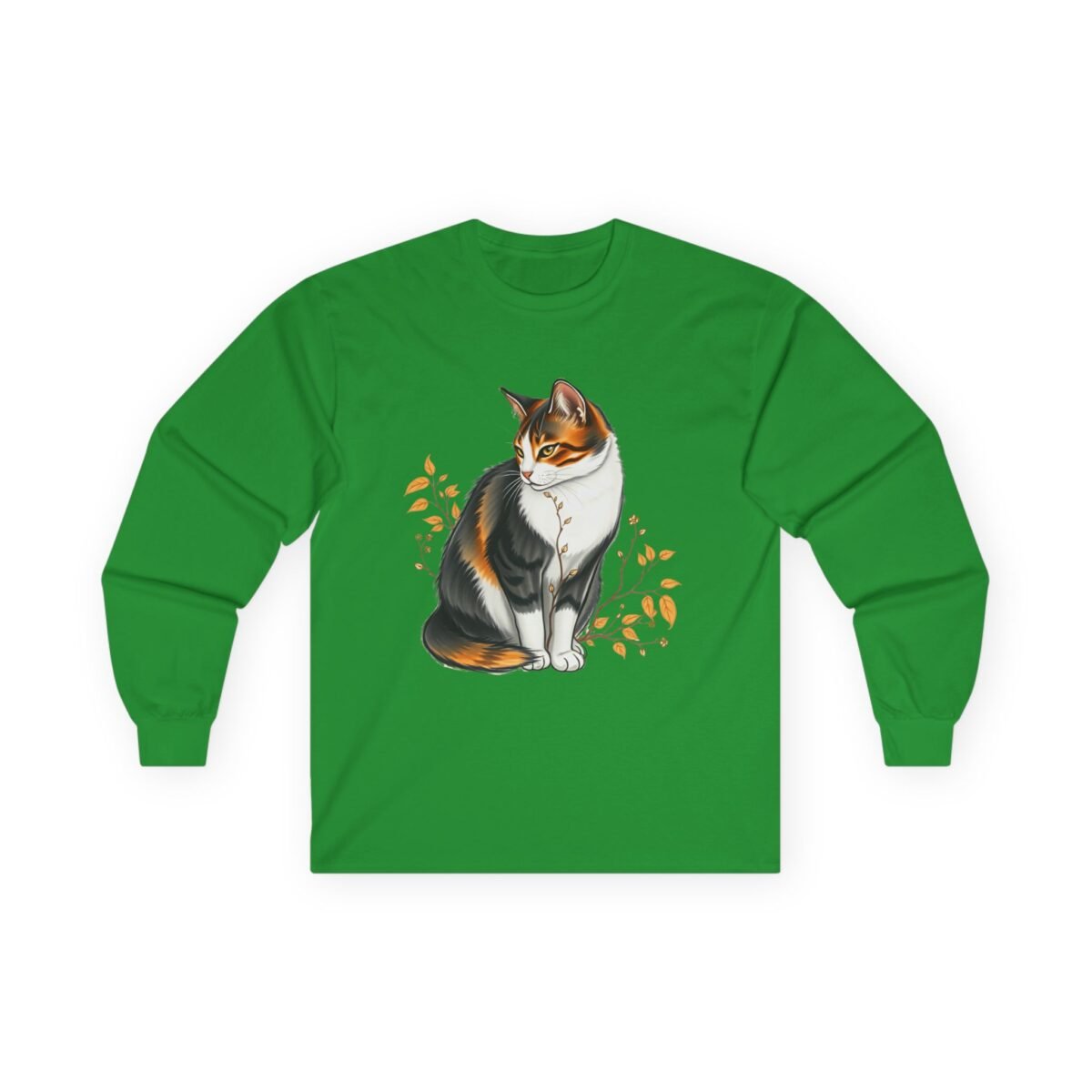 3511146095265940042_2048.jpeg Green long-sleeve shirt with a sitting calico cat amidst orange leaves design.