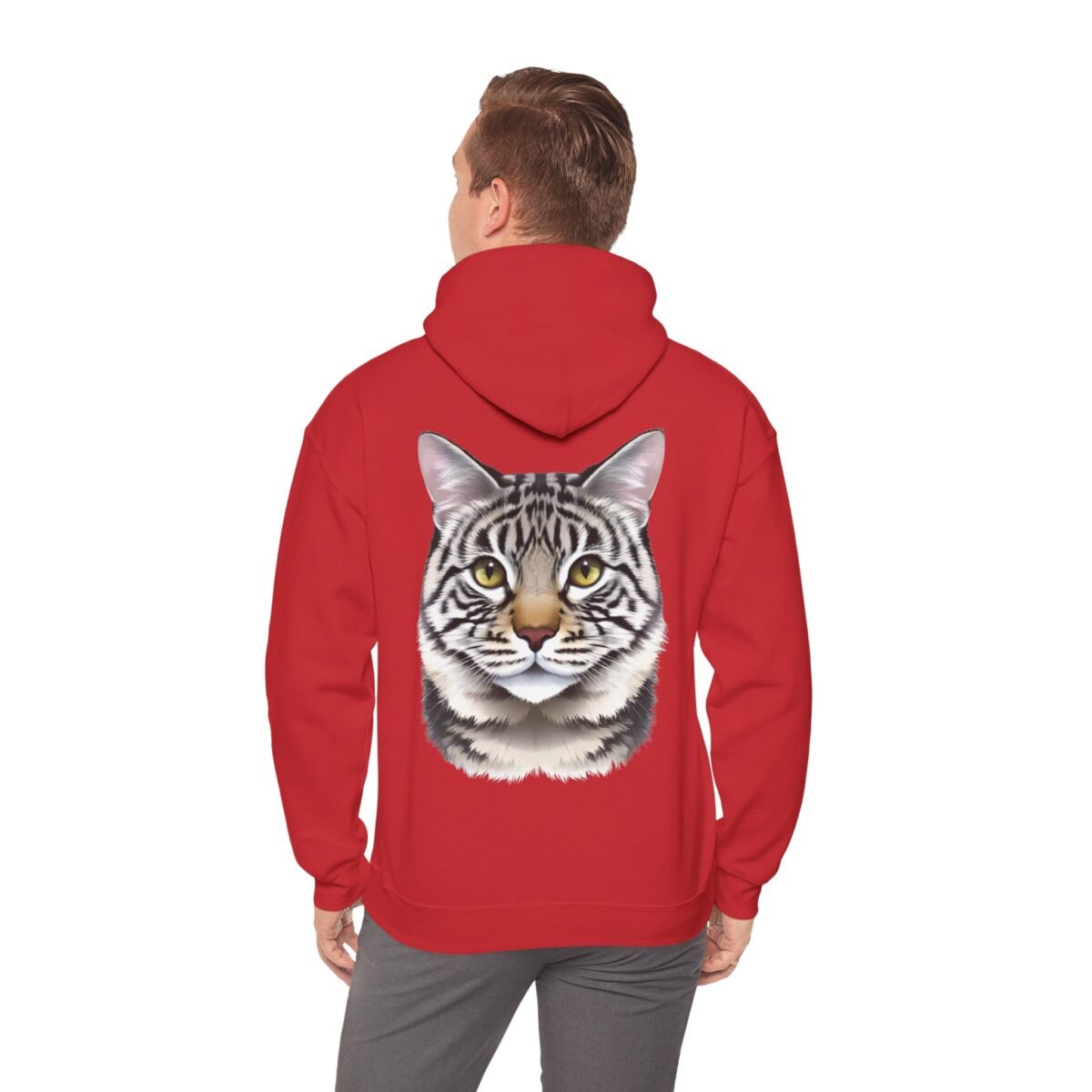 3609767455195829185_2048.jpeg Person from behind wearing a red hoodie with a large, realistic tabby cat face on the back.