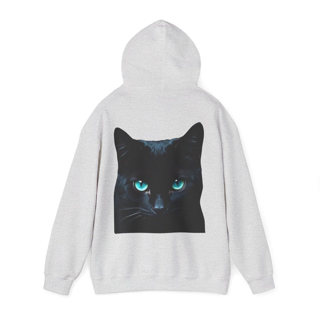 3655147272127617470_2048.jpeg Gray hoodie featuring a black cat with striking blue eyes.