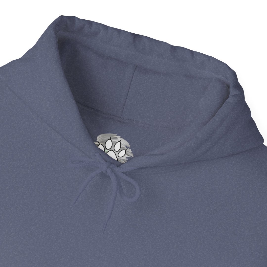 3728580904920866050_2048.jpeg Close-up of a blue hoodie with a paw print tag inside the collar.
