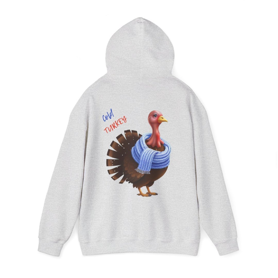 3754585729388941889_2048.jpeg Gray hoodie with a turkey wearing a blue scarf on the back.