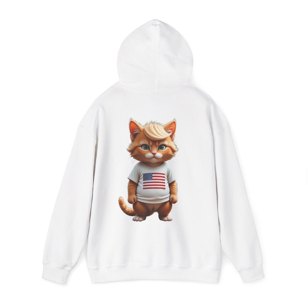 3882560639386266606_2048.jpeg White hoodie with a cute cat wearing an American flag shirt.