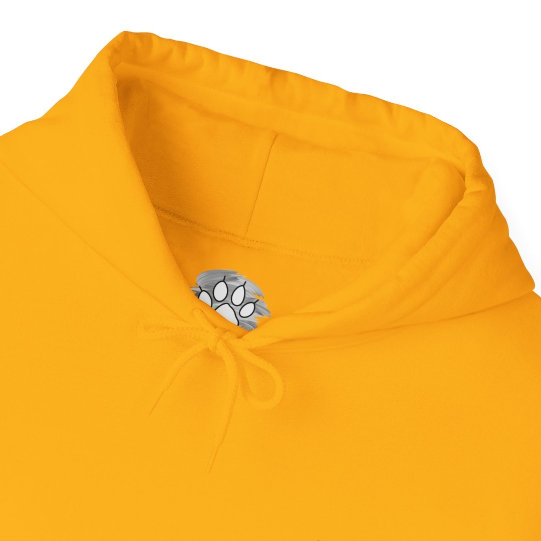 3905109759437080912_2048.jpeg Bright yellow hoodie with a paw print tag inside the collar.