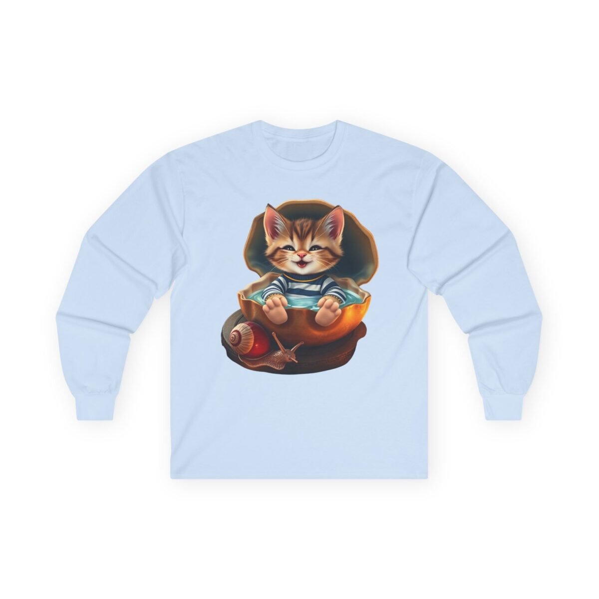 3924962270511242894_2048.jpeg Light blue long-sleeve t-shirt with a cute cartoon kitten in a shell on a snail's back.