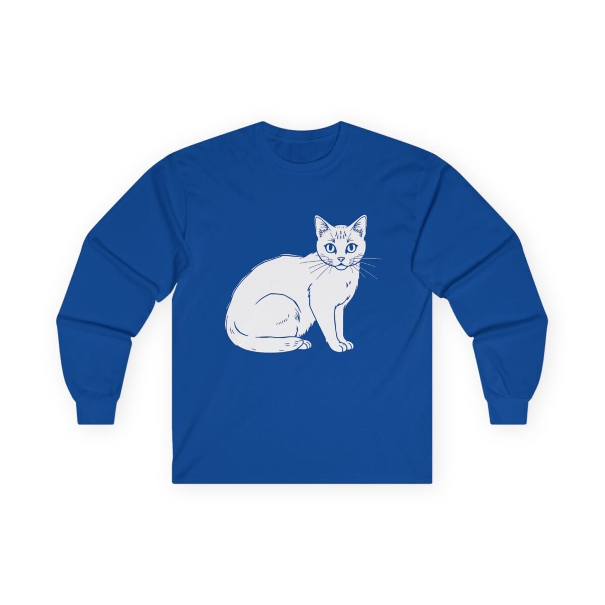 4101586383350781600_2048.jpeg Blue long-sleeve shirt with a white outline drawing of a cat.