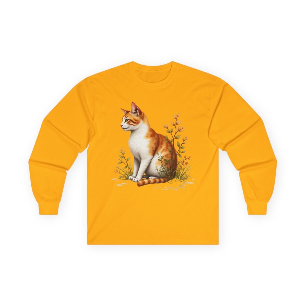 4198316337983122357_2048.jpeg Gold long-sleeve t-shirt with an orange and white cat sitting among green plants.