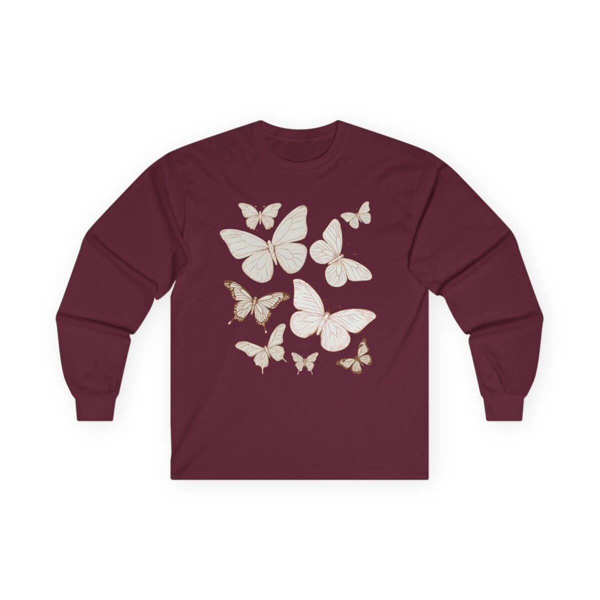 4207830187407584449_2048.jpeg Maroon long-sleeve shirt with cream butterfly illustrations.