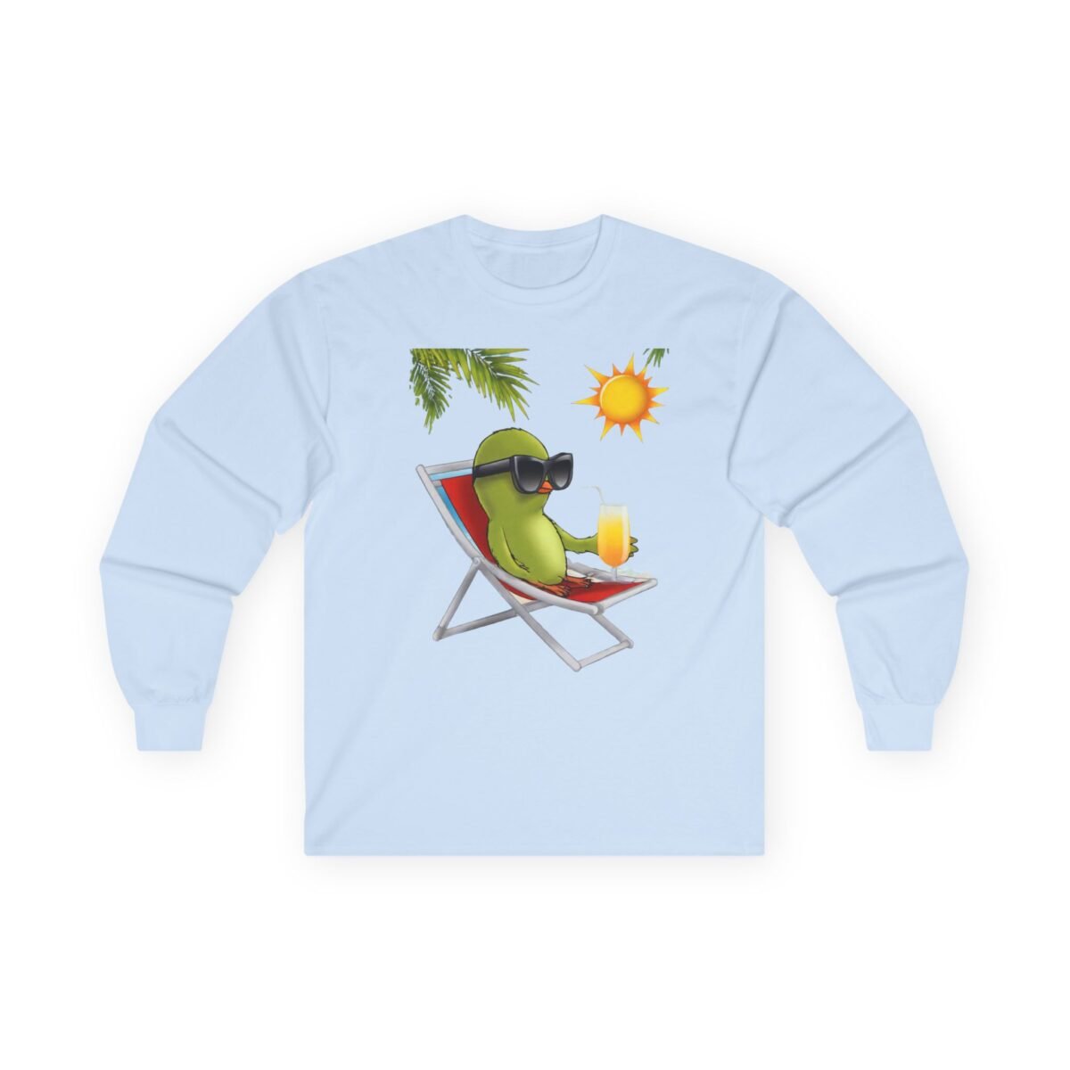 4270433766499664453_2048.jpeg Light blue long-sleeve shirt featuring a cartoon bird in sunglasses relaxing on a beach chair with a drink.