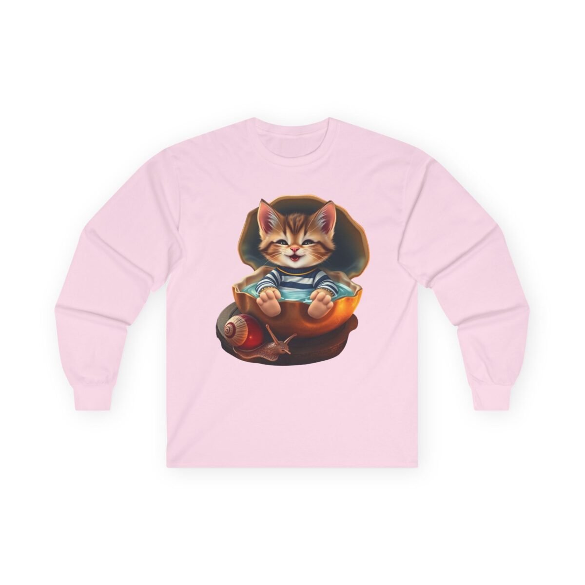 4343665481996015819_2048.jpeg Smiling kitten in a shell bath with a snail, printed on a pink long-sleeve shirt.