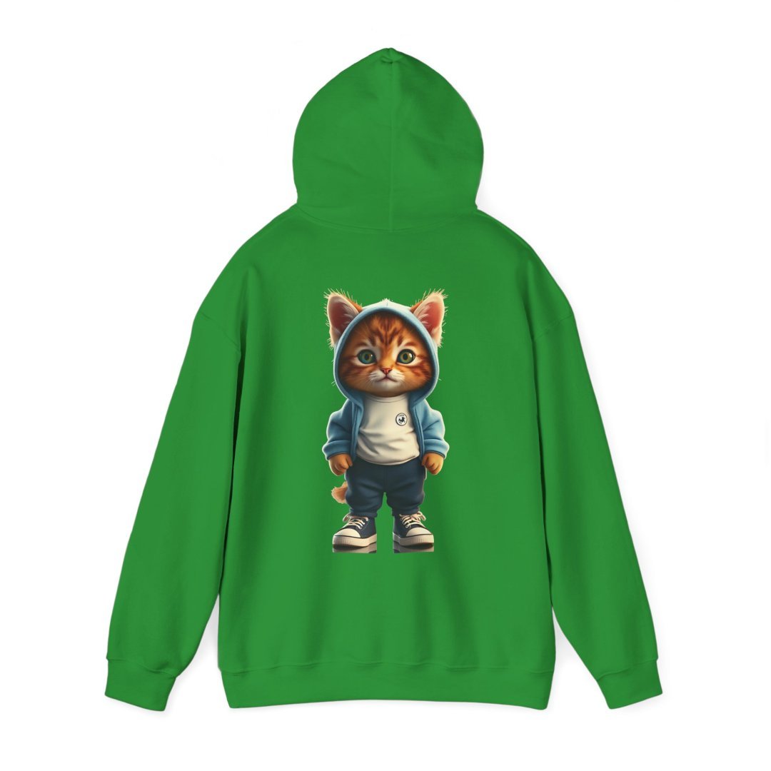 4371745624042320647_2048.jpeg Green hoodie with a cute cartoon cat in a hoodie and sneakers on the back.