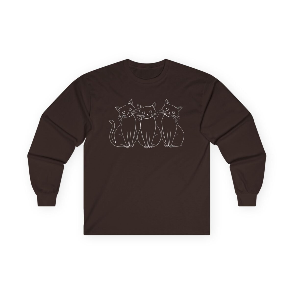 4372406544658470047_2048.jpeg Dark brown long-sleeve shirt with a white outline drawing of three sitting cats.