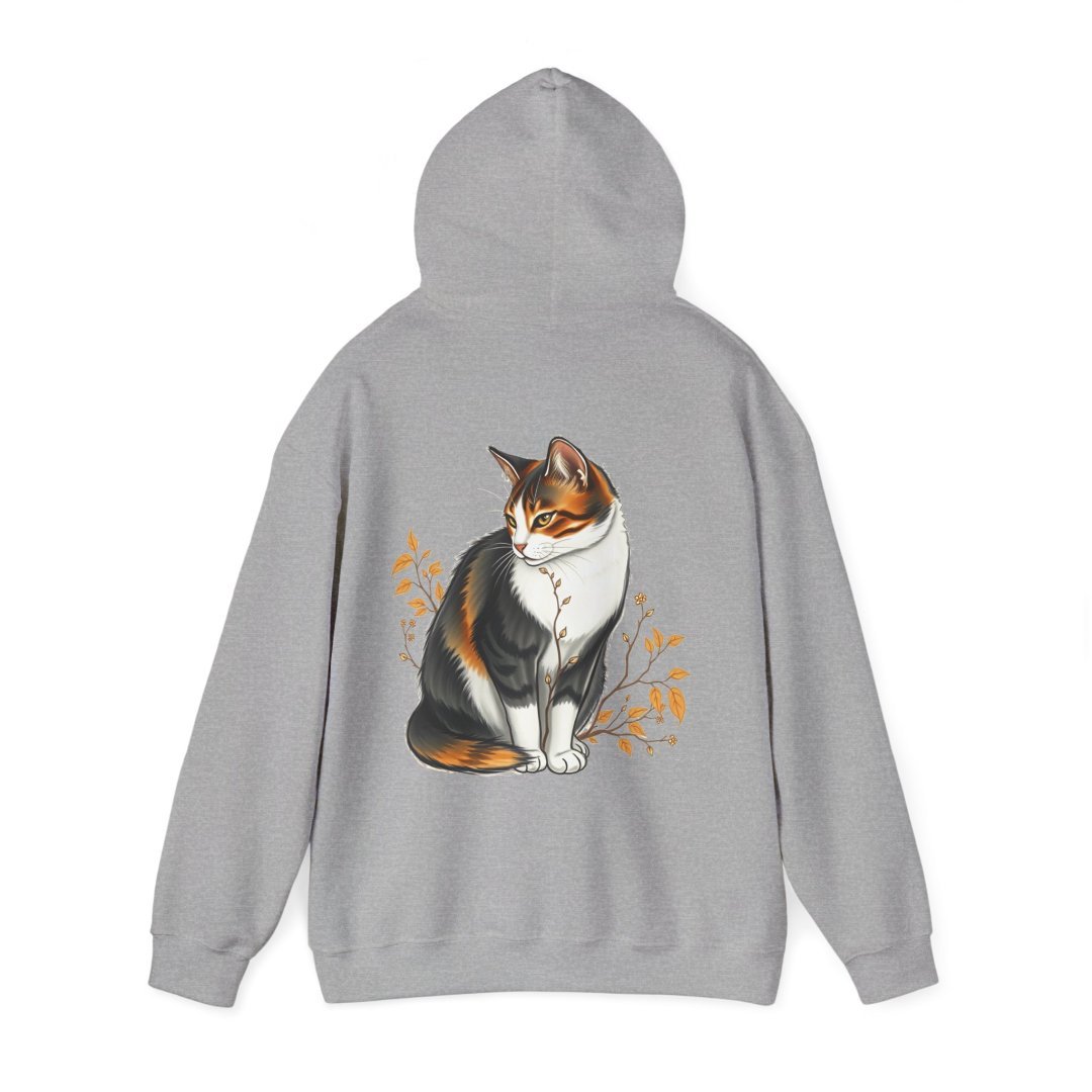 4390523095586353796_2048.jpeg Gray hoodie with a printed design of a sitting cat and orange leaves.