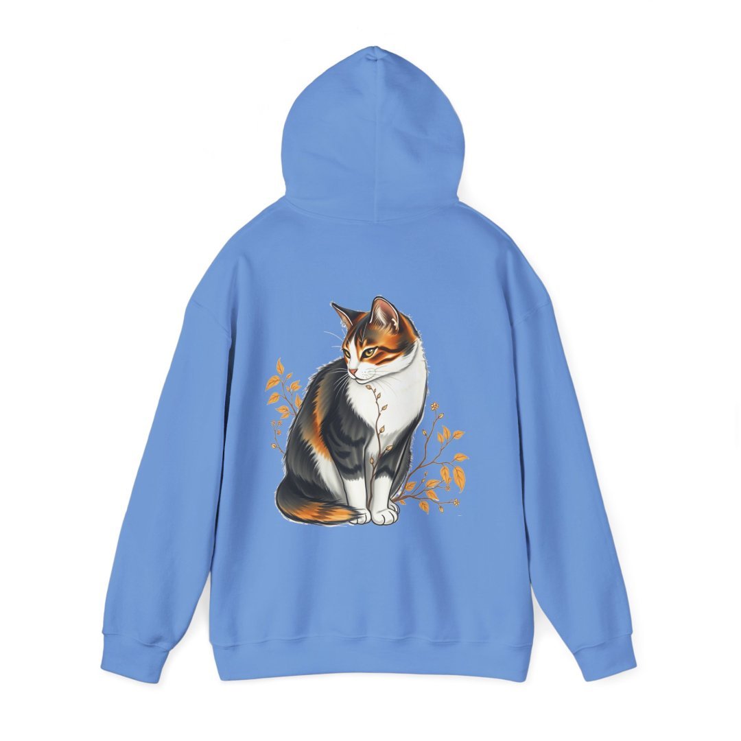 4470665076278820294_2048.jpeg Blue hoodie with a calico cat illustration on the back.