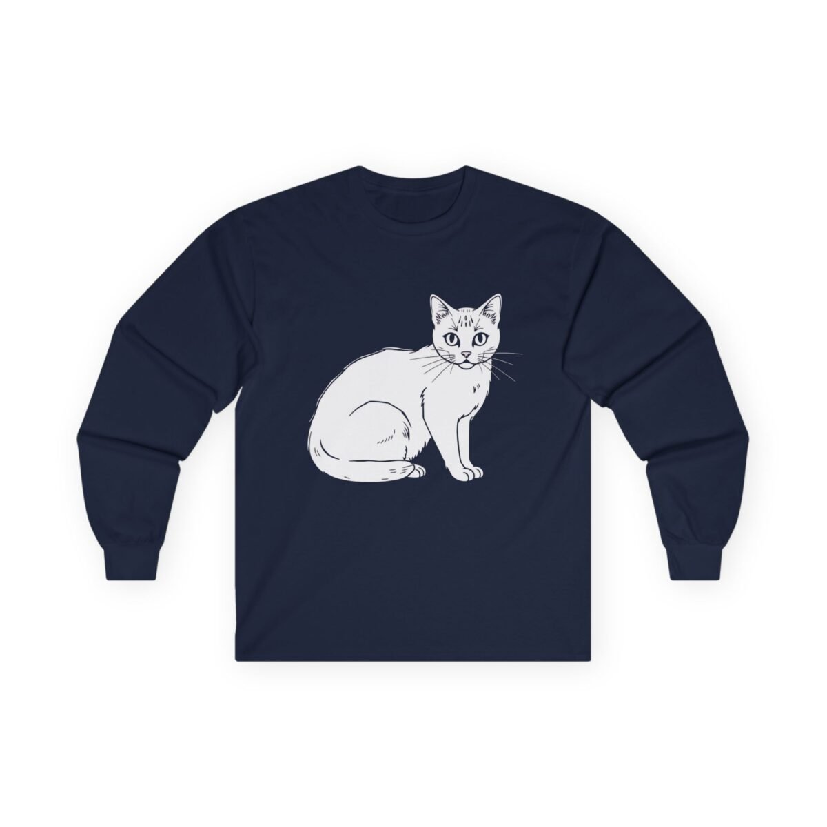 4588185191627588951_2048.jpeg Navy blue long-sleeve shirt with a white line drawing of a sitting cat.