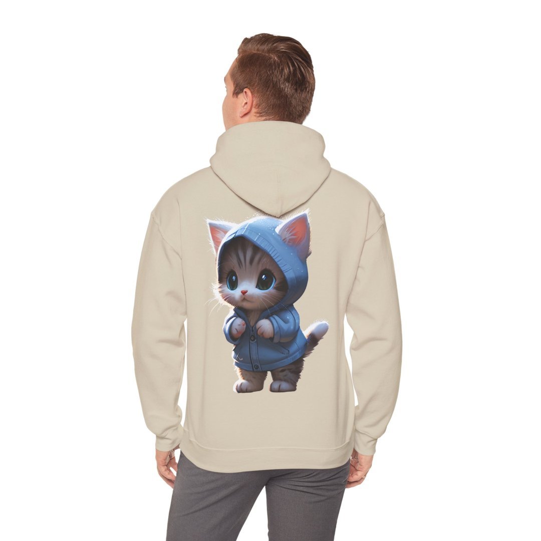 4617216508437583261_2048.jpeg Man wearing a hoodie with a cute kitten in a blue hoodie printed on the back.