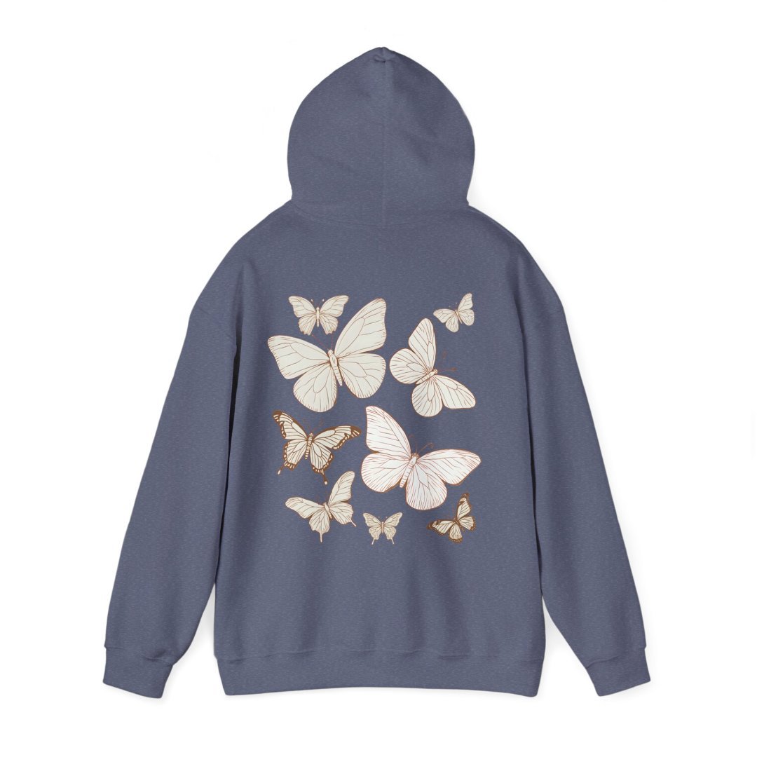 4742317788110888162_2048.jpeg Blue hoodie with white and brown butterfly designs on the back.