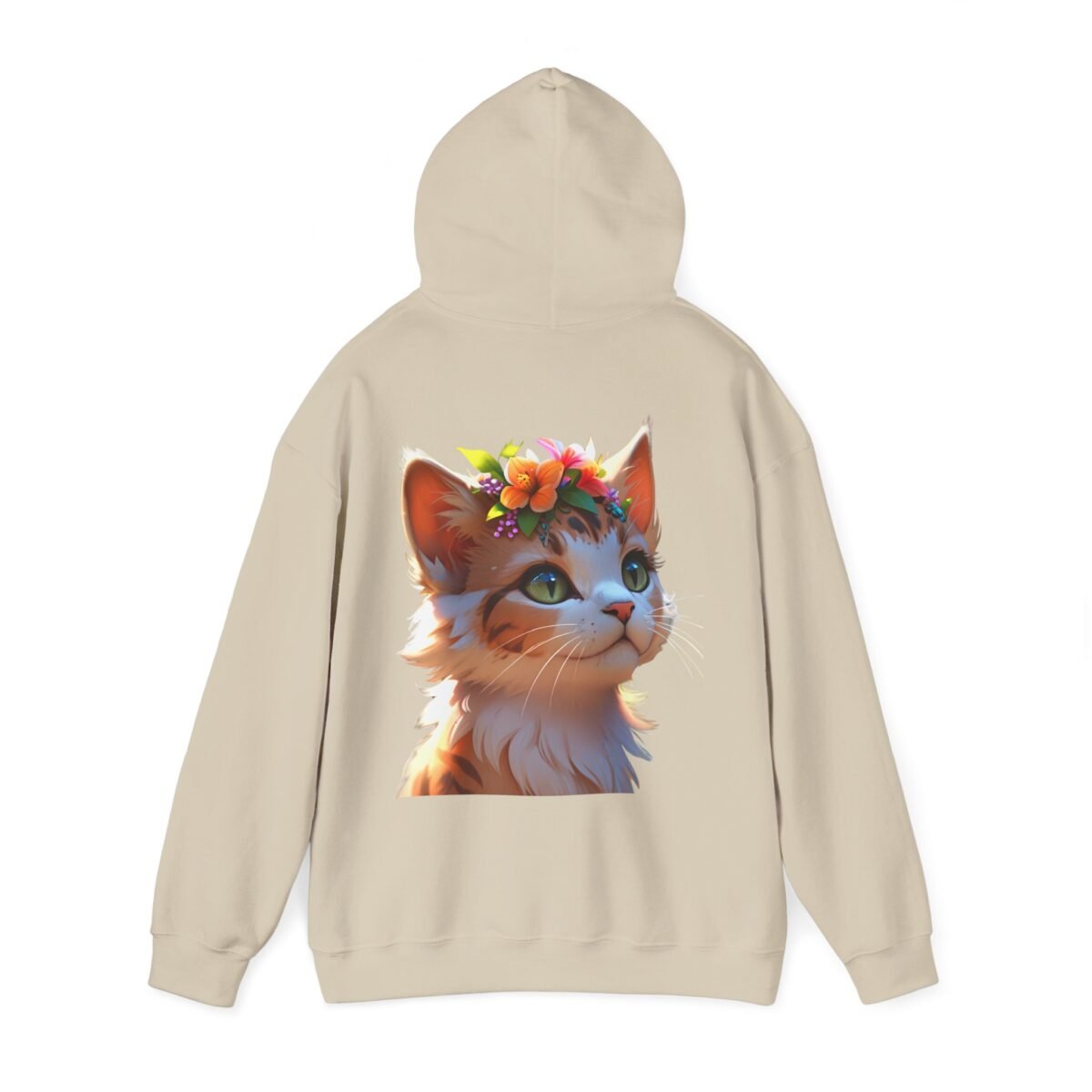 4760447054126233645_2048.jpeg Beige hoodie with a vibrant graphic of an orange tabby cat wearing a flower crown.