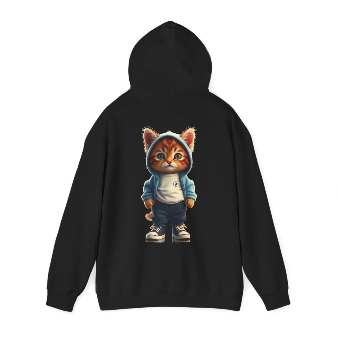 4856648757150758872_2048.jpeg Black hoodie with a cartoon cat in a blue hoodie and sneakers.