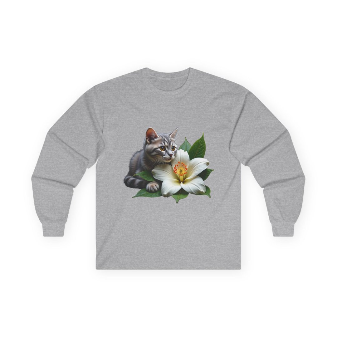 4914449545259651982_2048.jpeg Gray long-sleeve shirt with a cat and white lily design.