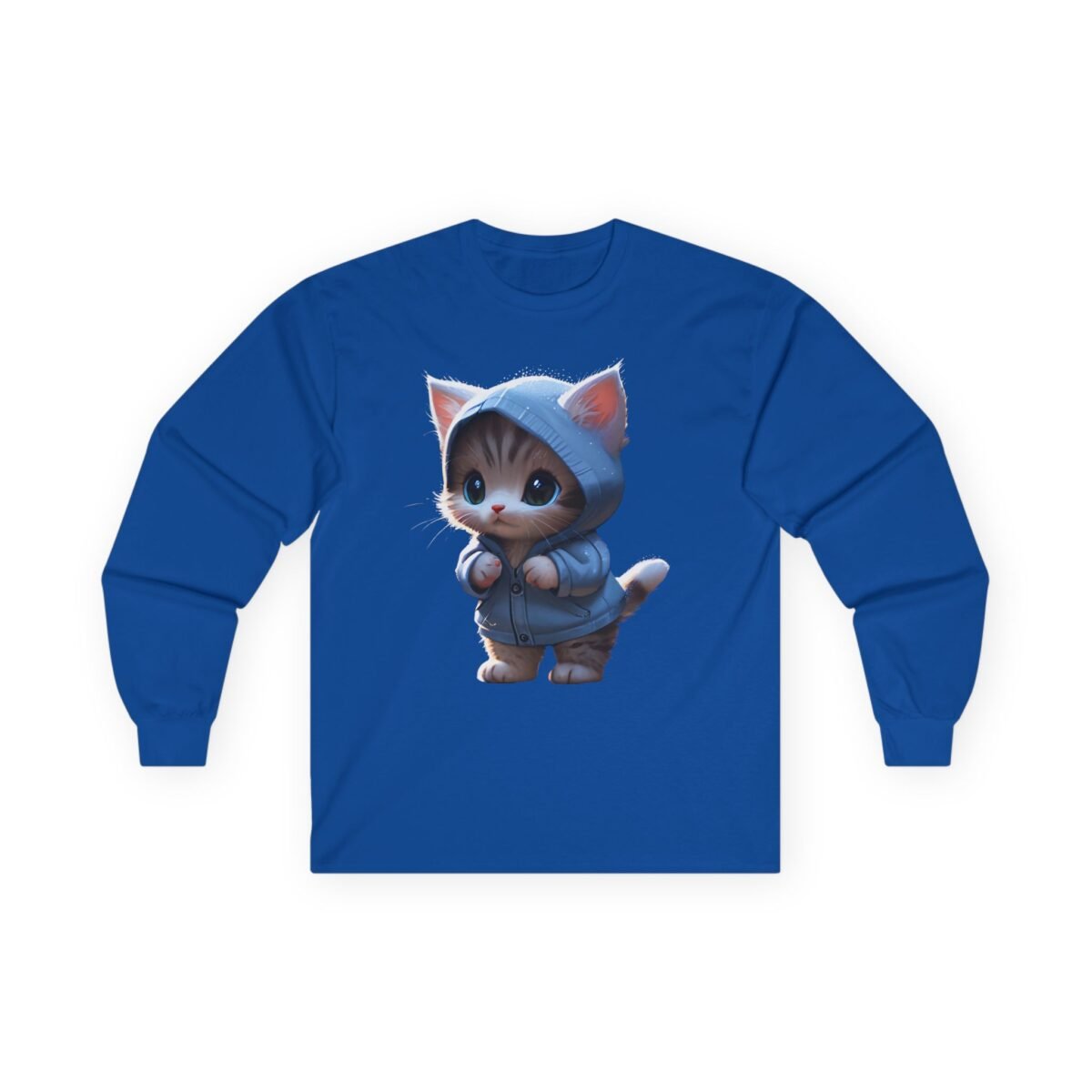 4971026922389946511_2048.jpeg Blue long-sleeve shirt with a graphic of a cute kitten in a blue hoodie.