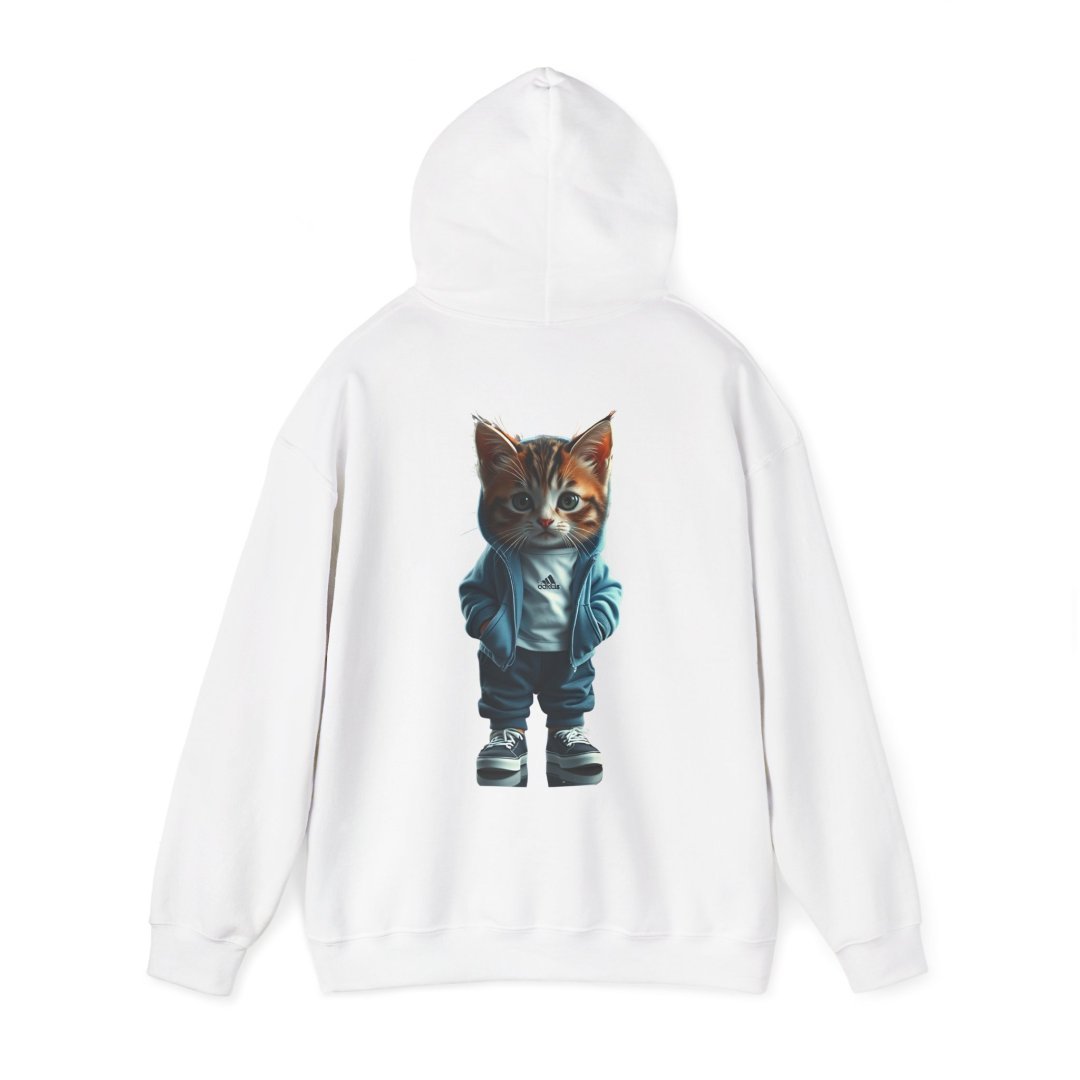 4992300924220233084_2048.jpeg White hoodie with a cute cat in a blue jacket and sneakers printed on the back.