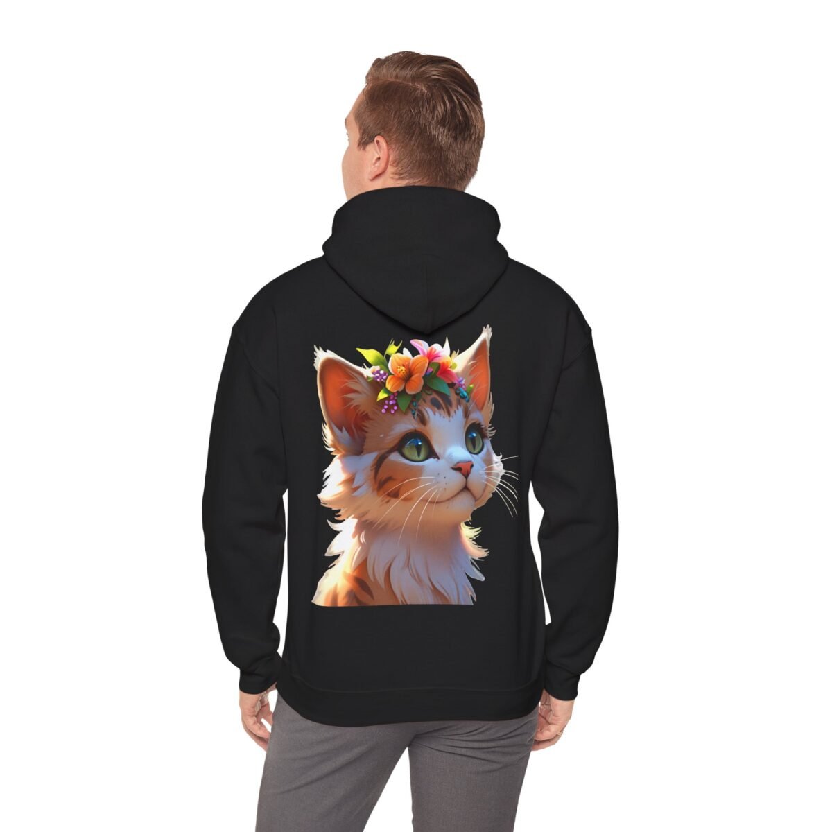 5003154528764534886_2048.jpeg Black hoodie with an orange and white cartoon cat wearing a flower crown on the back.