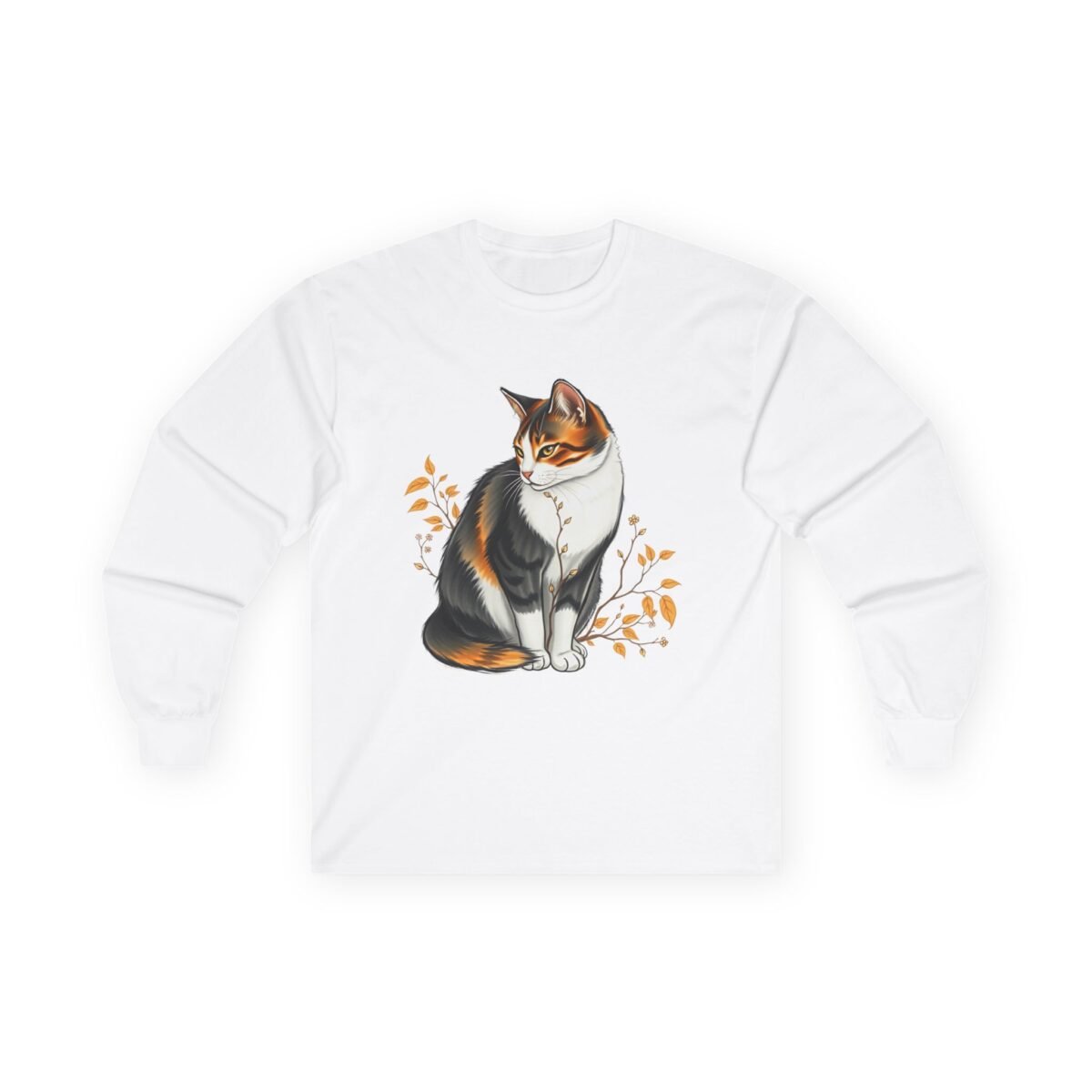 5200905090576654856_2048.jpeg White long-sleeve t-shirt with a calico cat surrounded by orange leaves.