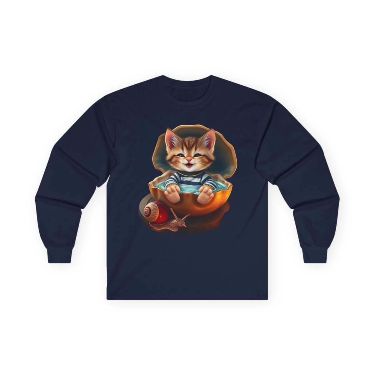 5404375176195516217_2048.jpeg Dark blue long-sleeve shirt featuring a smiling cartoon kitten bathing in a clam shell carried by a snail.