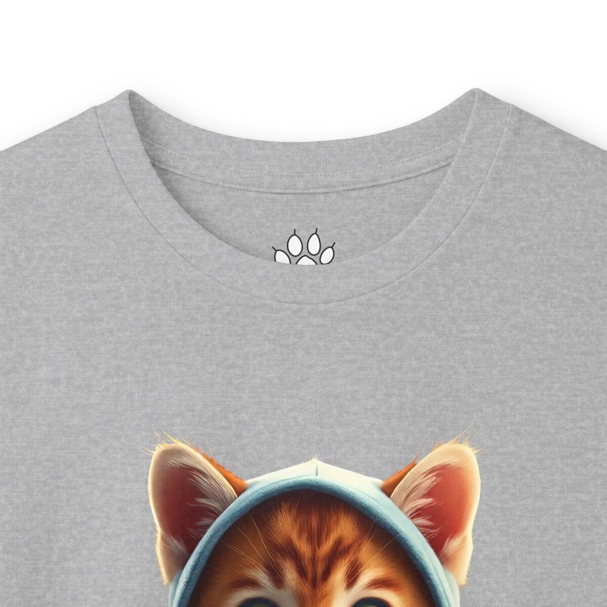 5406394685780143305_2048-1.jpeg Grey t-shirt with an orange cat in a blue hoodie and a paw print logo.
