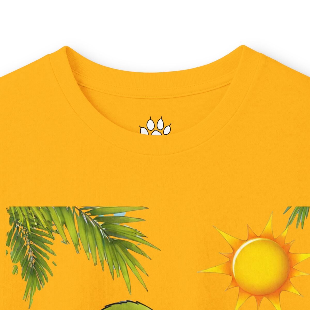 5467965233092234017_2048.jpeg Bright yellow t-shirt with a paw print logo at the collar and a tropical design of palm leaves and sun.